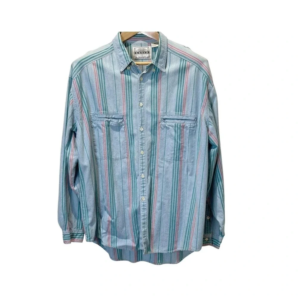 Vintage Levi's Chambray Striped Shirt‎ Mens XL Western Grunge Button Down 90s